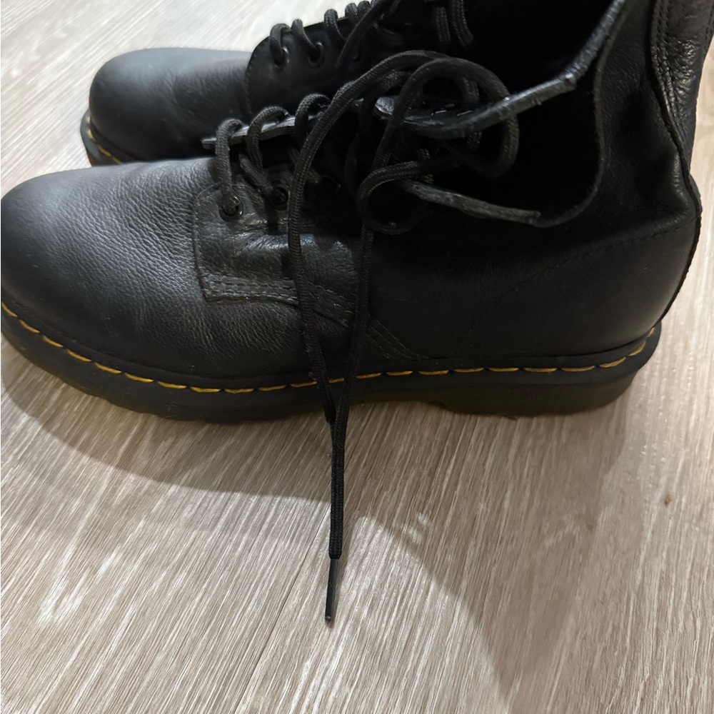 Dr. Martens Black Leather Moto Boots with Yellow Stitching